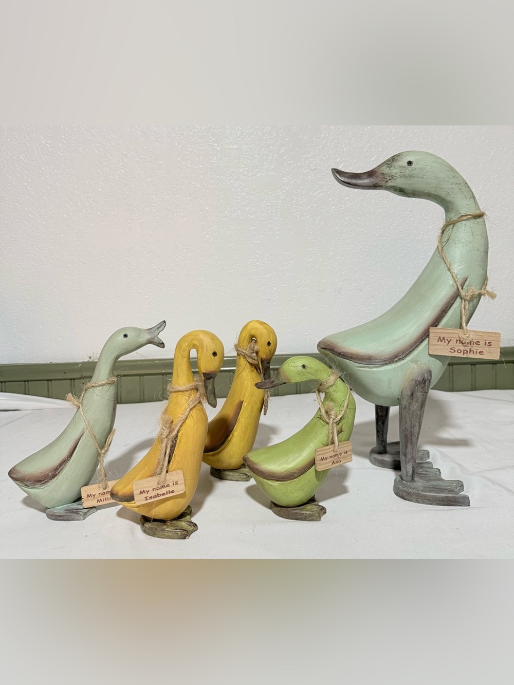 Decorative Wooden Duck Trio - Yellow & Green Rustic Decor Lot of 5